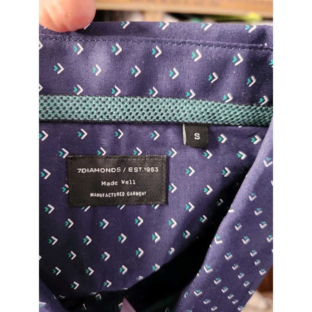 7 Diamonds Shirt Men L Navy Blue Short Sleeve Button Up All Over Print Made Well - Picture 11 of 11